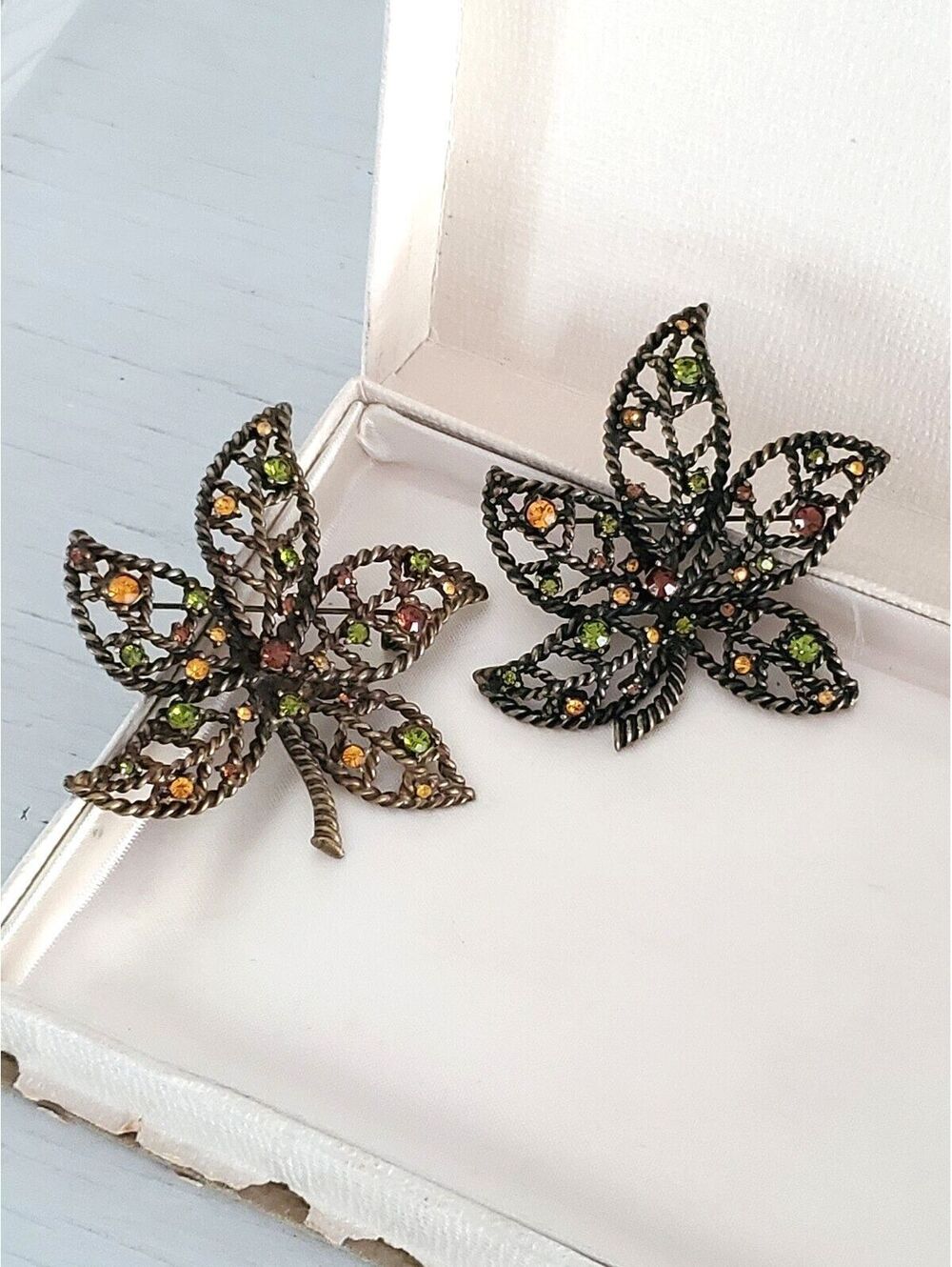 Vintage Avon Bronze Orange Green Rhinestone Twisted Rope Accent Leaf Pins